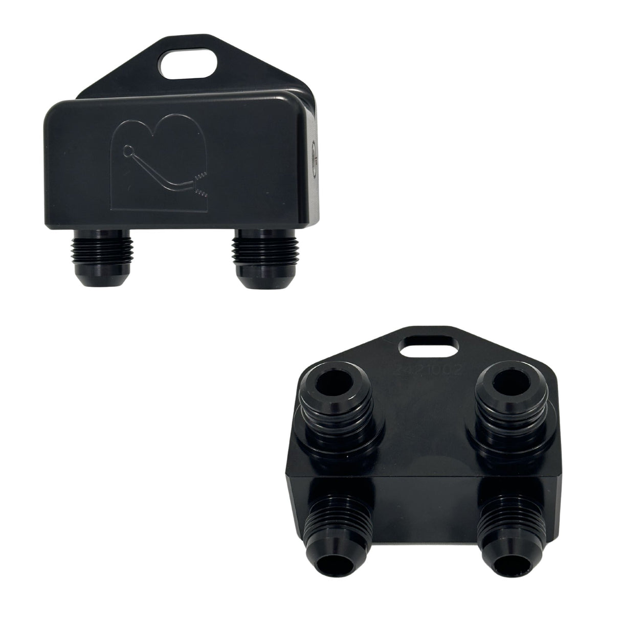 Two black plastic dual-port fluid transfer tanks shown from different angles on a plain white background.
