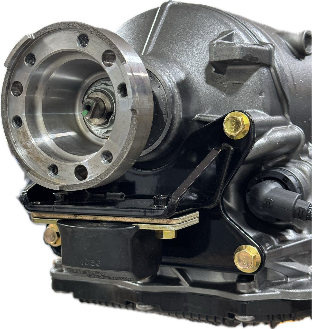 Bowler ZF 8HP bolt-on transmission mount – front view showing output flange alignment and Made in USA badge