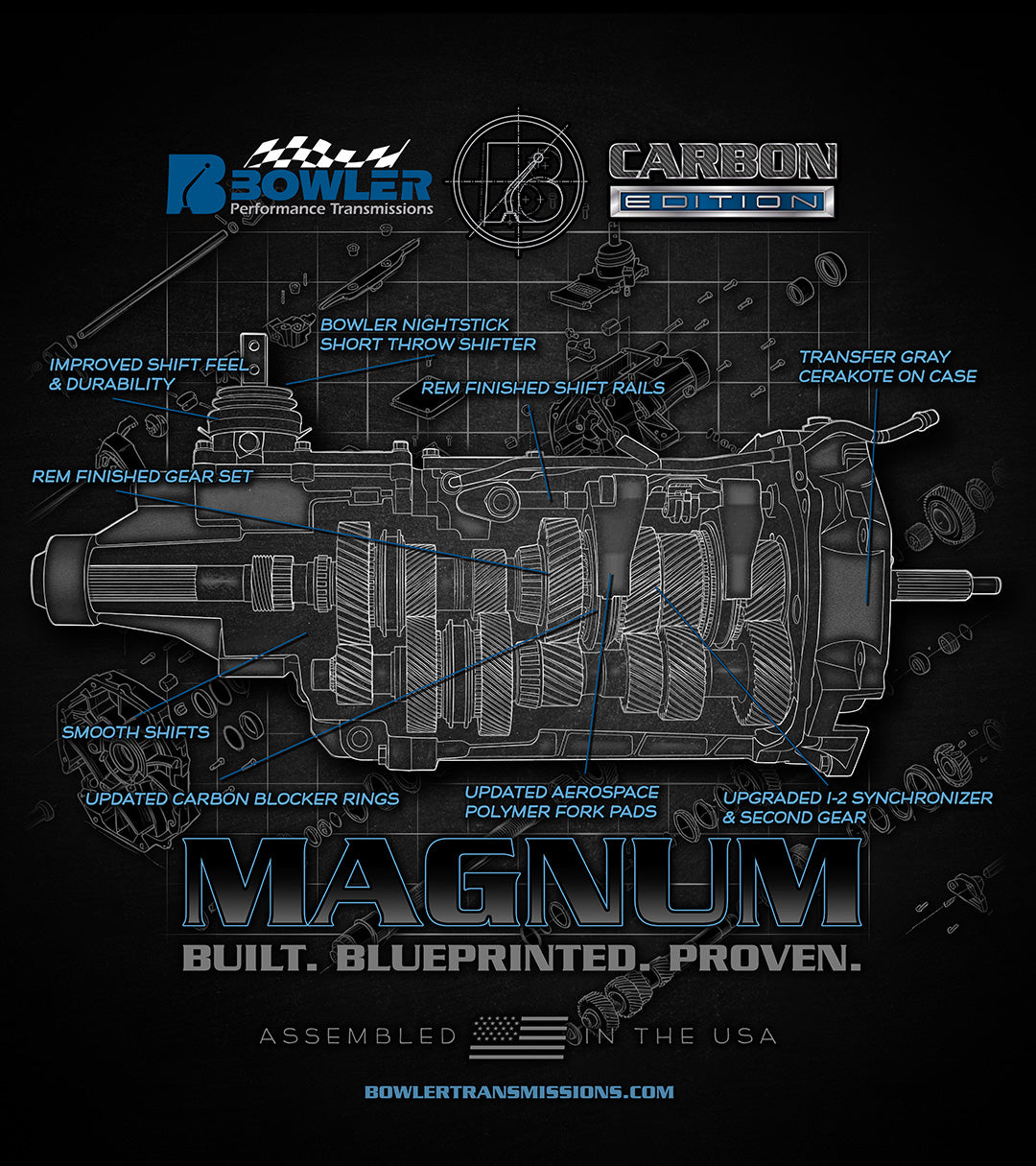 Bowler Carbon Edition T-Shirt back detail showing blueprinted T-56 Magnum transmission artwork