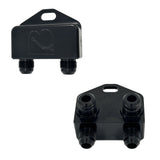 Two black plastic dual-port fluid transfer tanks shown from different angles on a plain white background.