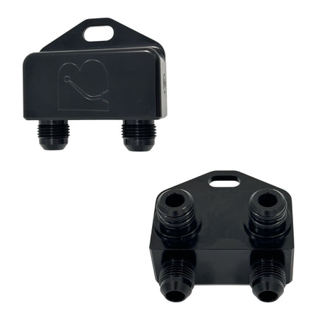 Two black plastic dual-port fluid transfer tanks shown from different angles on a plain white background.