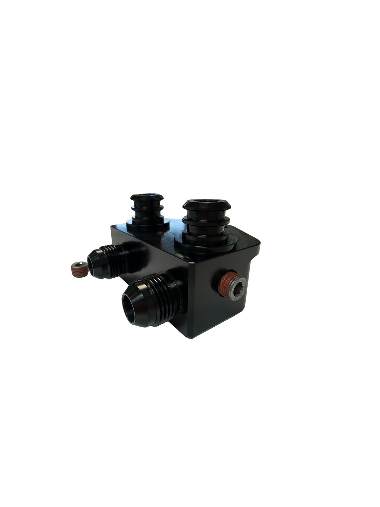 A black metal double spout faucet adapter with threaded connections, shown on a plain white background.