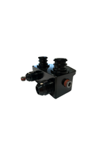 A black metal double spout faucet adapter with threaded connections, shown on a plain white background.