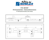 Bowler FX crossmember (SKU 4601067) technical blueprint diagram detailing frame fitment, exhaust clearance (20.1 inches C-C), and overall width (32.0 inches).