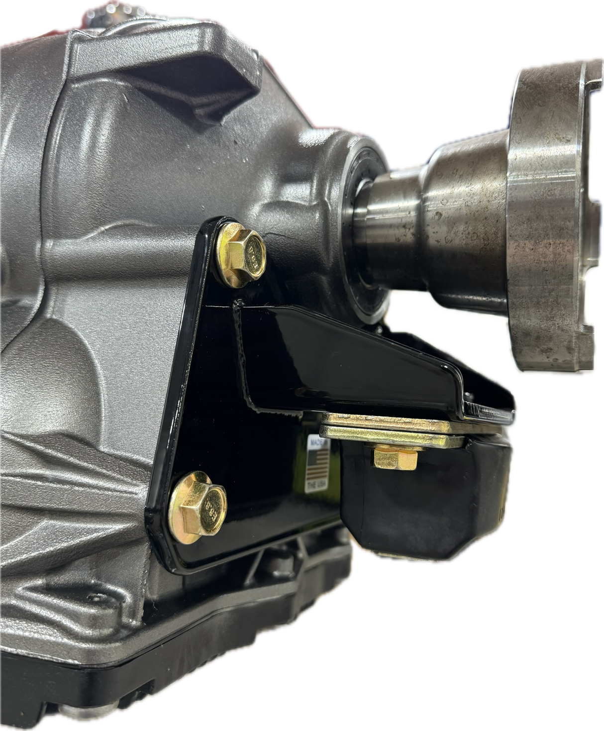 ZF 8HP70/8HP90 transmission mount – Bowler Performance bracket with Energy Suspension mount, angled side view