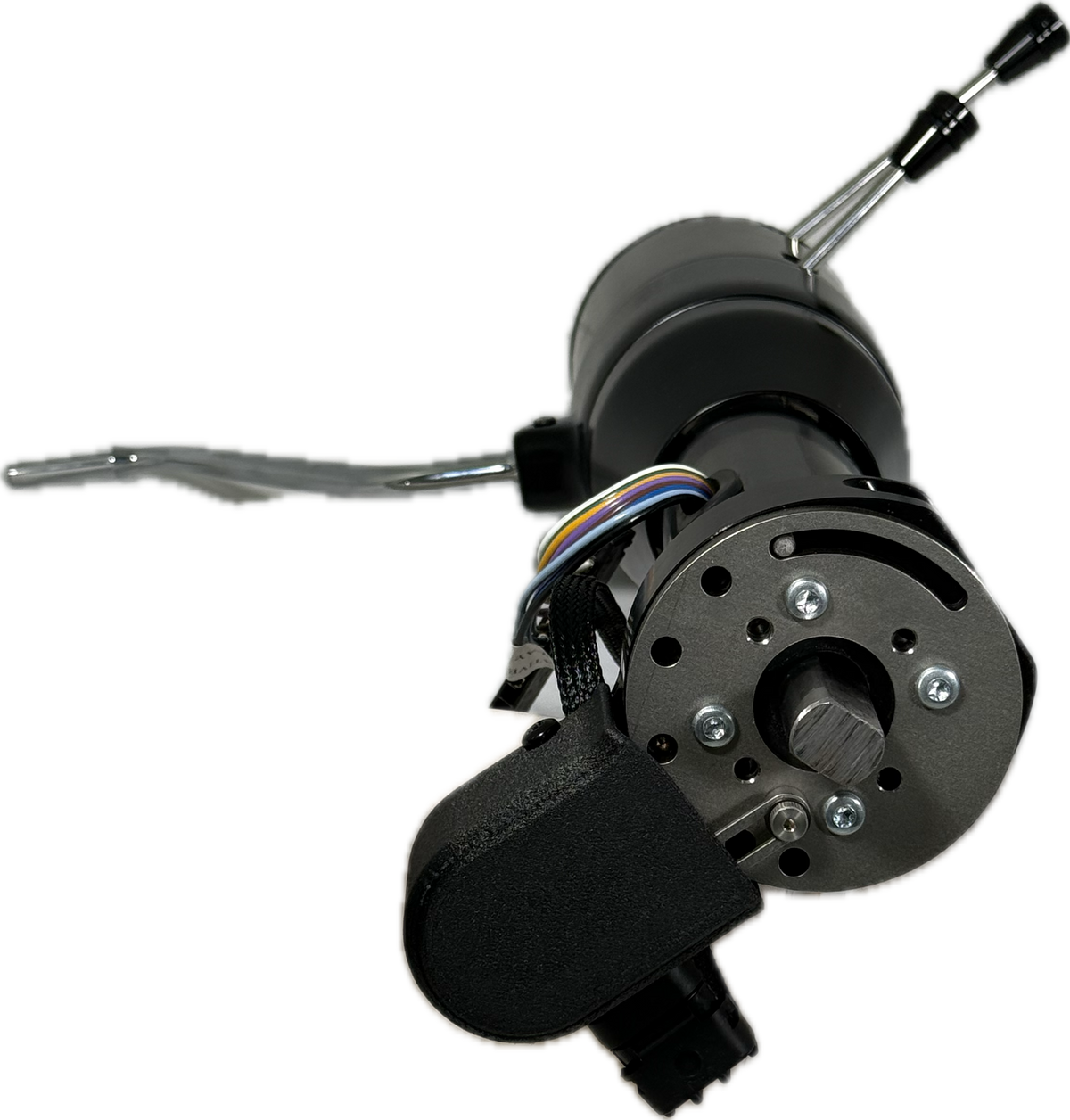 Close-up of Gear Command column detent clamp assembly showing mounting hardware and sensor housing from a different angle
