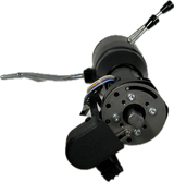 Close-up of Gear Command column detent clamp assembly showing mounting hardware and sensor housing from a different angle