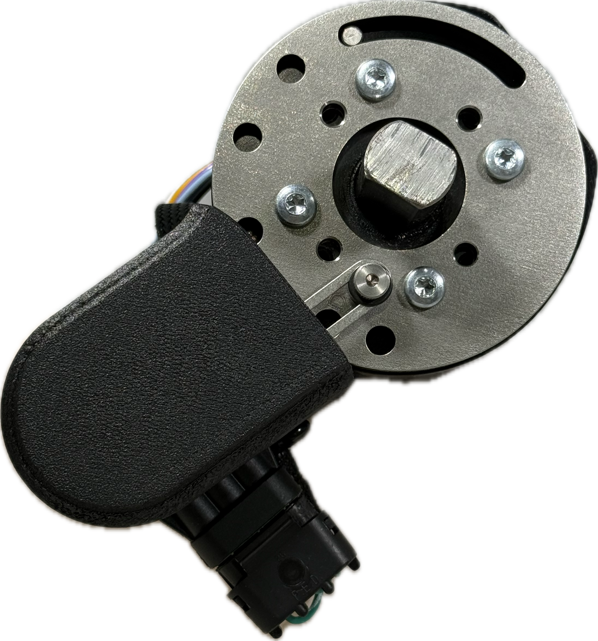 Gear Command column detent clamp and sensor plate assembly, showing mounting screws, center hex output shaft, and connector boot