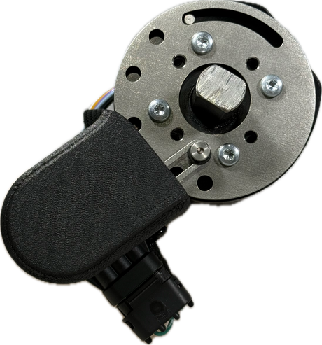 Gear Command column detent clamp and sensor plate assembly, showing mounting screws, center hex output shaft, and connector boot