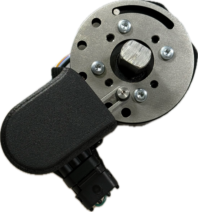 Gear Command column detent clamp and sensor plate assembly, showing mounting screws, center hex output shaft, and connector boot