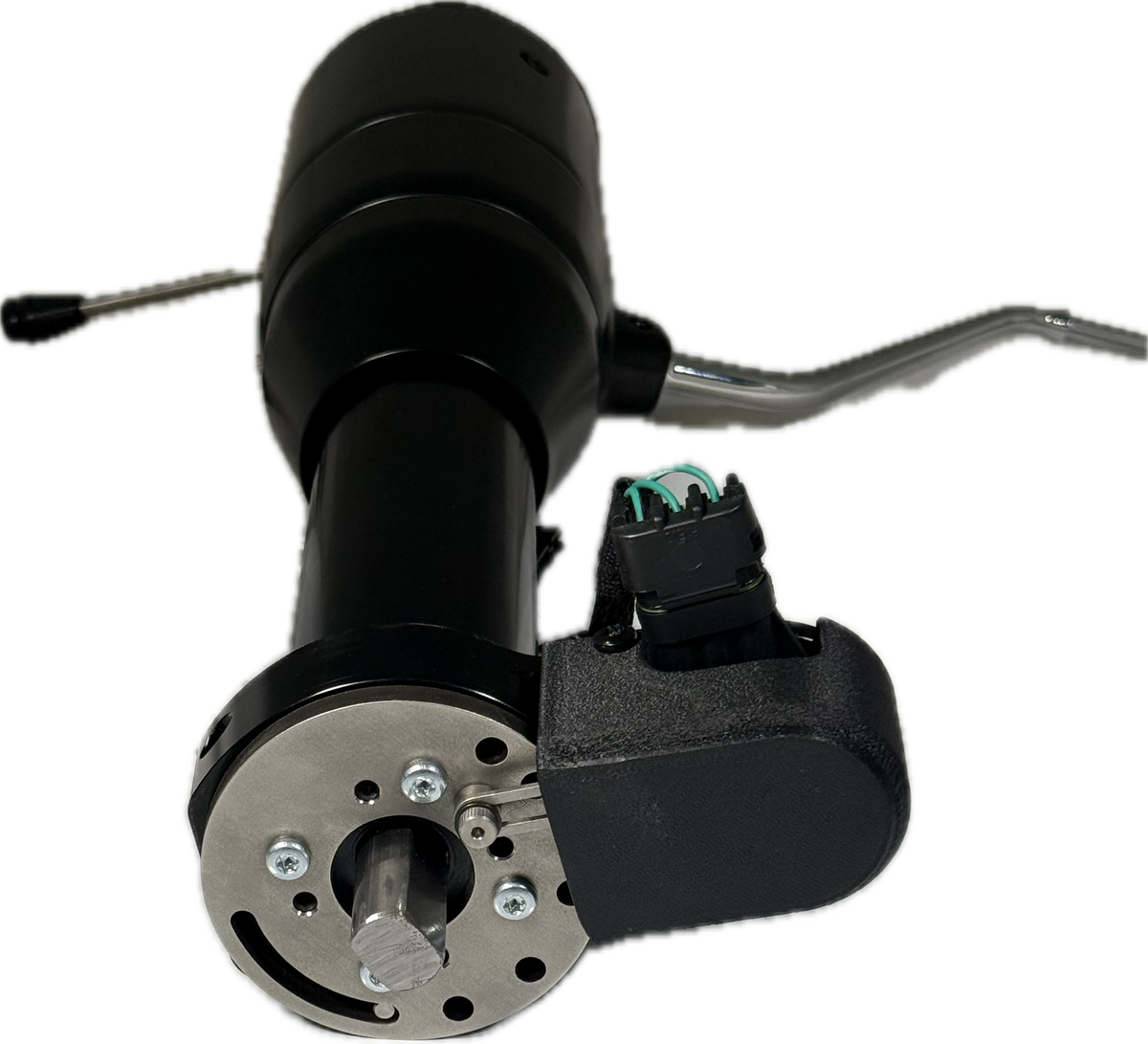 Gear Command column detent kit installed on a steering column with shift lever, sensor housing, and wiring connector attached