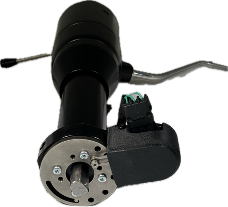 Gear Command column detent kit installed on a steering column with shift lever, sensor housing, and wiring connector attached