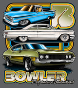 A stylized automotive graphic featuring three classic cars stacked vertically: a blue convertible at the top, a white coupe in the middle, and an olive green muscle car at the bottom. Large decorative lettering behind and below reads 'BOWLER' with 'Performance Transmissions' in script underneath, on a dark gray background.