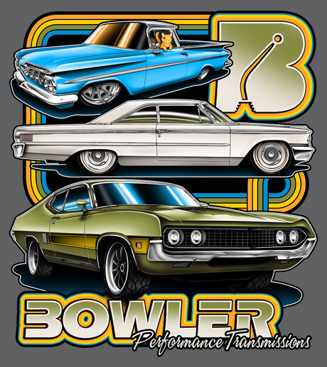 A stylized automotive graphic featuring three classic cars stacked vertically: a blue convertible at the top, a white coupe in the middle, and an olive green muscle car at the bottom. Large decorative lettering behind and below reads 'BOWLER' with 'Performance Transmissions' in script underneath, on a dark gray background.