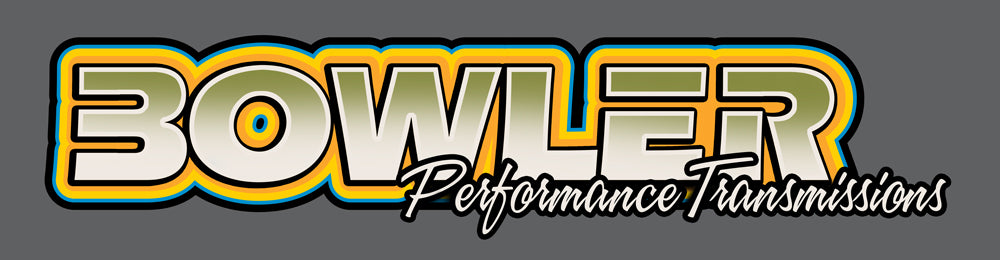A stylized logo reading 'BOWLER Performance Transmissions' on a dark gray background, with the main word in large white letters outlined in yellow and blue, and the subtitle in white script.