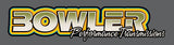 A stylized logo reading 'BOWLER Performance Transmissions' on a dark gray background, with the main word in large white letters outlined in yellow and blue, and the subtitle in white script.