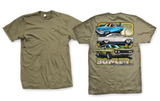 An olive green graphic t-shirt shown from both the front and back. The front features a small, subtle chest print, while the back displays a large graphic of three classic muscle cars (blue, white, and green) with the text 'BOWLER' and 'The Bowling Club' in a stylized font.