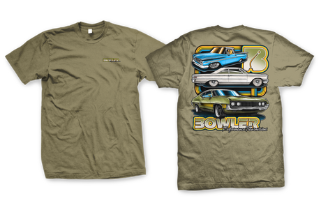 An olive green graphic t-shirt shown from both the front and back. The front features a small, subtle chest print, while the back displays a large graphic of three classic muscle cars (blue, white, and green) with the text 'BOWLER' and 'The Bowling Club' in a stylized font.