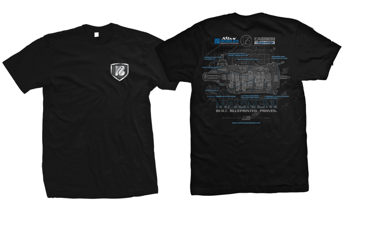 Bowler Carbon Edition T-Shirt front and back view — Carbon Edition chest logo and blueprinted T-56 Magnum transmission design in black, white, and blue