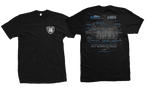 Bowler Carbon Edition T-Shirt front and back view — Carbon Edition chest logo and blueprinted T-56 Magnum transmission design in black, white, and blue