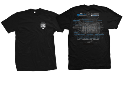 Bowler Carbon Edition T-Shirt front and back view — Carbon Edition chest logo and blueprinted T-56 Magnum transmission design in black, white, and blue