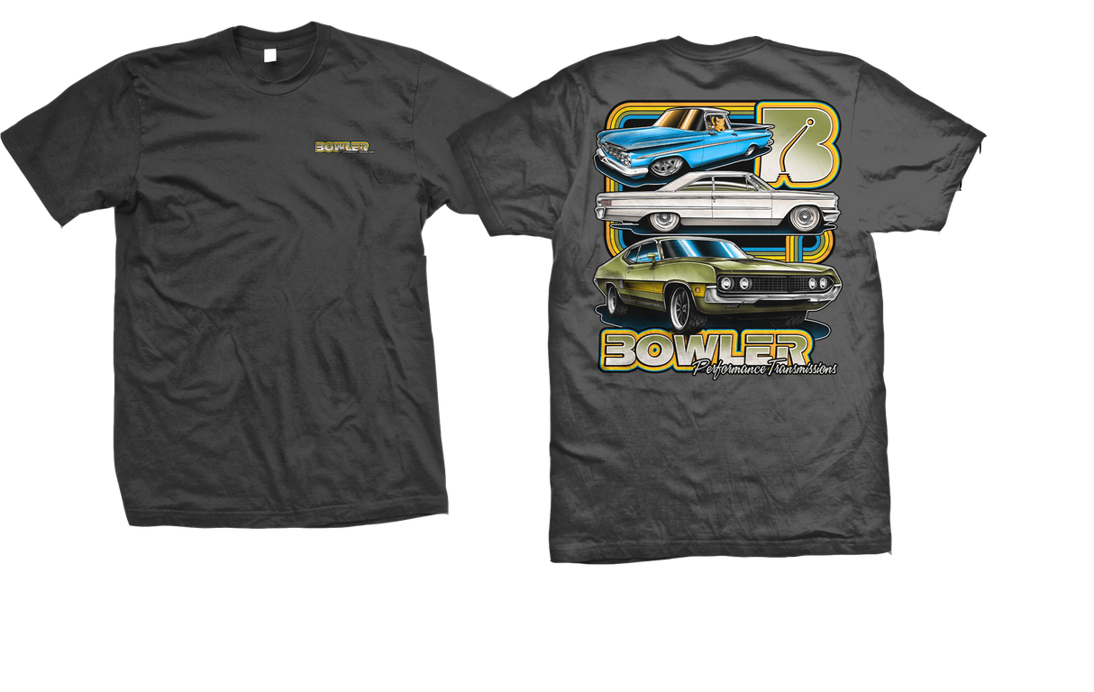 A dark gray crewneck t-shirt shown from both the front and back. The front features a small gold 'BOWLER' logo on the left chest.