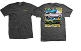 A dark gray crewneck t-shirt shown from both the front and back. The front features a small gold 'BOWLER' logo on the left chest.