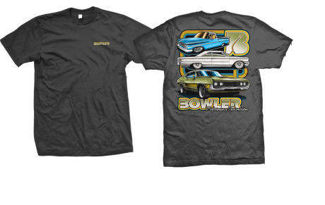 A dark gray crewneck t-shirt shown from both the front and back. The front features a small gold 'BOWLER' logo on the left chest.