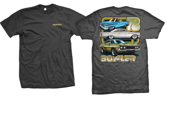 A dark gray crewneck t-shirt shown from both the front and back. The front features a small gold 'BOWLER' logo on the left chest.