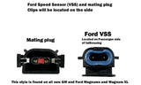 A technical product diagram showing a Ford speed sensor mating plug and the corresponding VSS connector on a white background, with explanatory text labels.