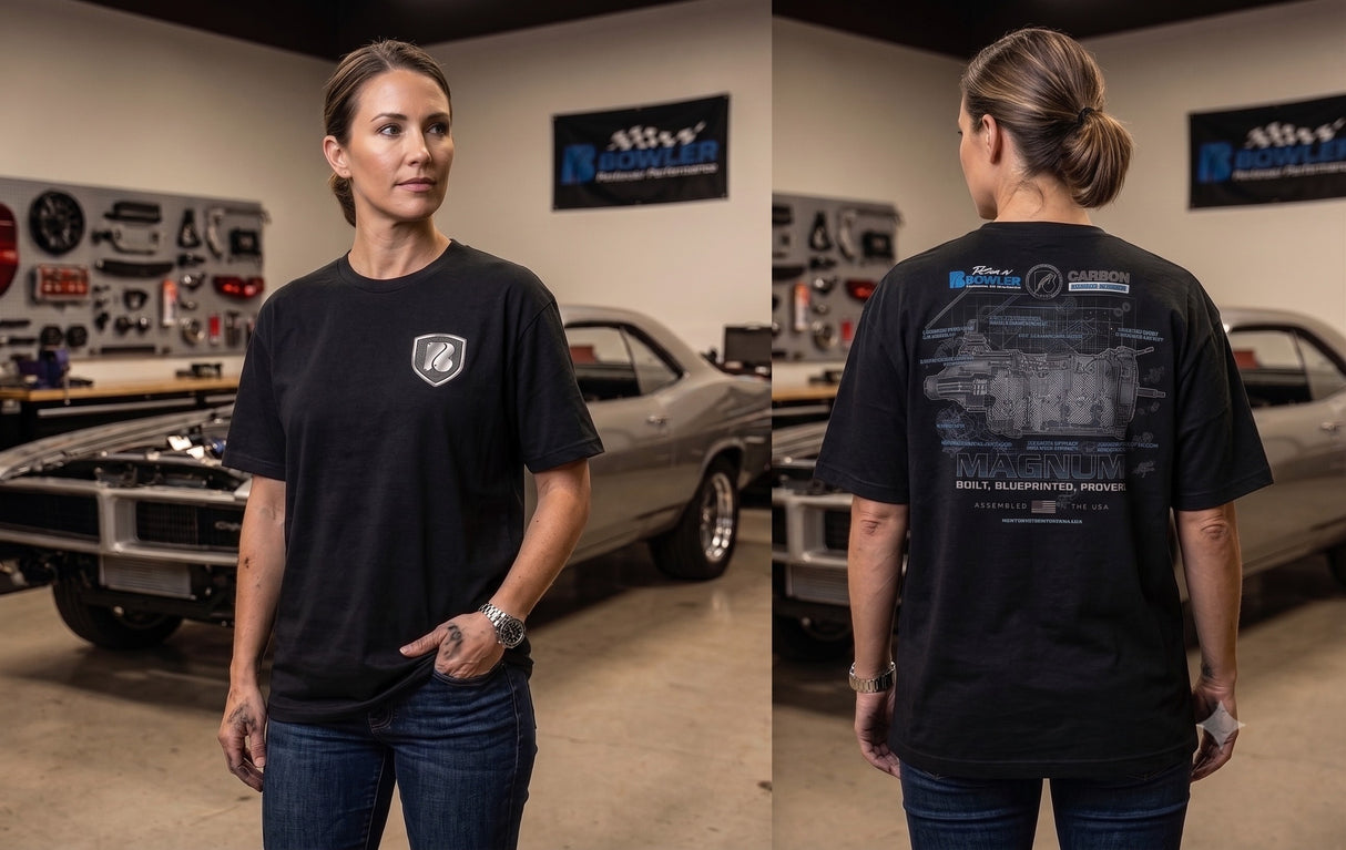 Woman wearing Bowler Carbon Edition black T-Shirt with Carbon Edition logo on left chest