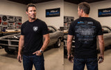 Man wearing Bowler Carbon Edition black T-Shirt showing front logo design