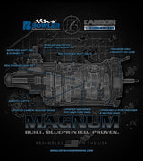 Bowler Carbon Edition T-Shirt back detail showing blueprinted T-56 Magnum transmission artwork